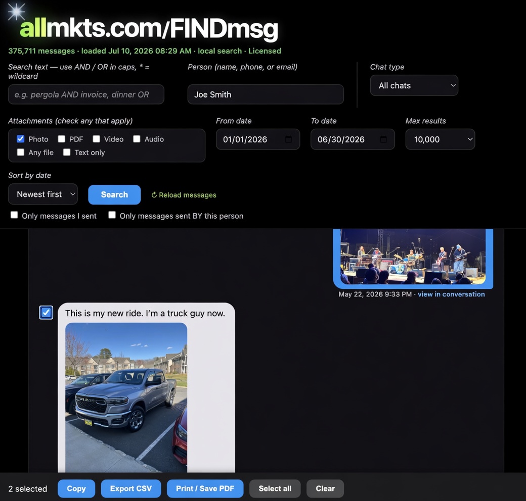 FINDmsg example: search by contact, date range, export to print or PDF